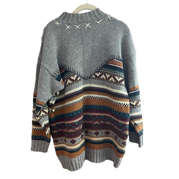 Vintage Gray Flower Striped Acrylic/Lambswool Chunky Sweater-M - Picture 2 of 5